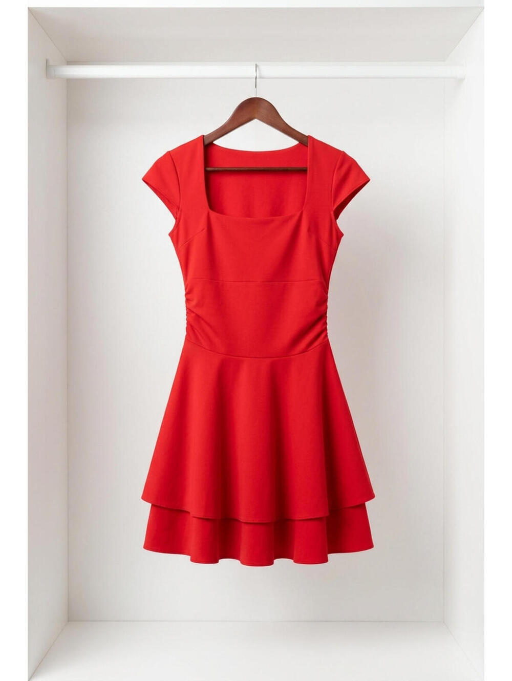 Charming Red Cap Sleeve Dress with Layered Skirt - Size: Meduim